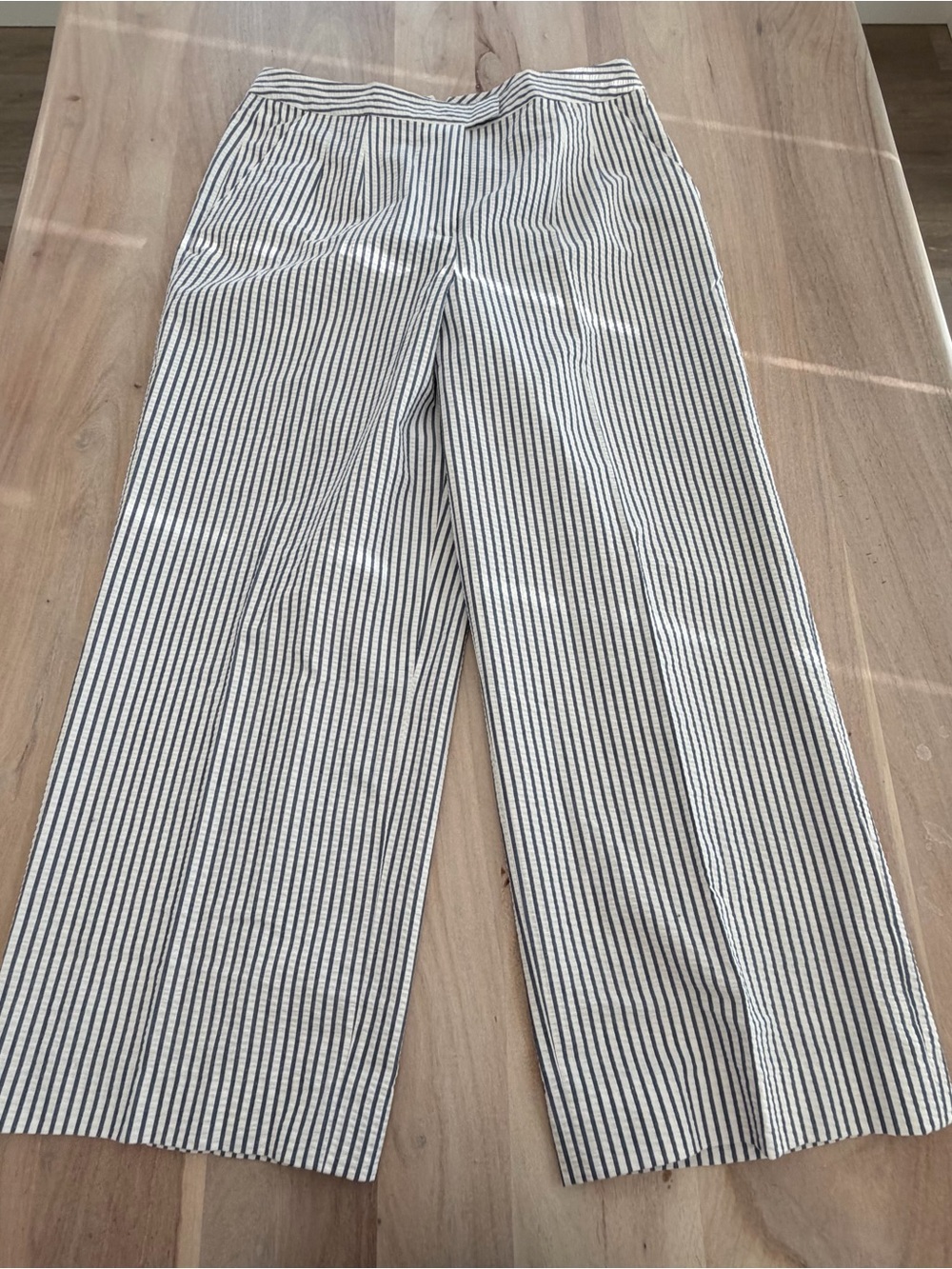 J Peterman Seersucker Pinstriped Lightweight Cotton Wide Leg Pants White Blue 14
